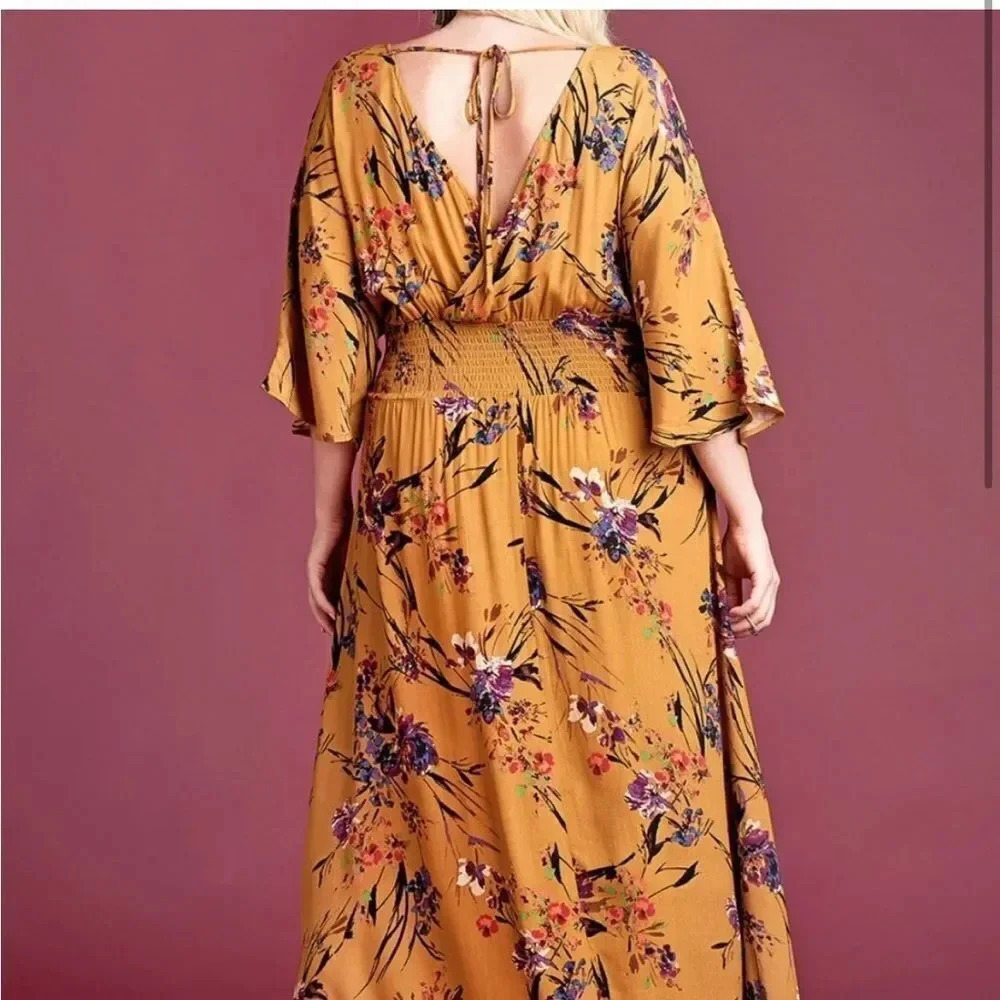 SHE + SKY  MULTI COLOR FALL FLORAL SMOCKED WAIST MAXI DRESS WIDE SLEEVES SIZE M